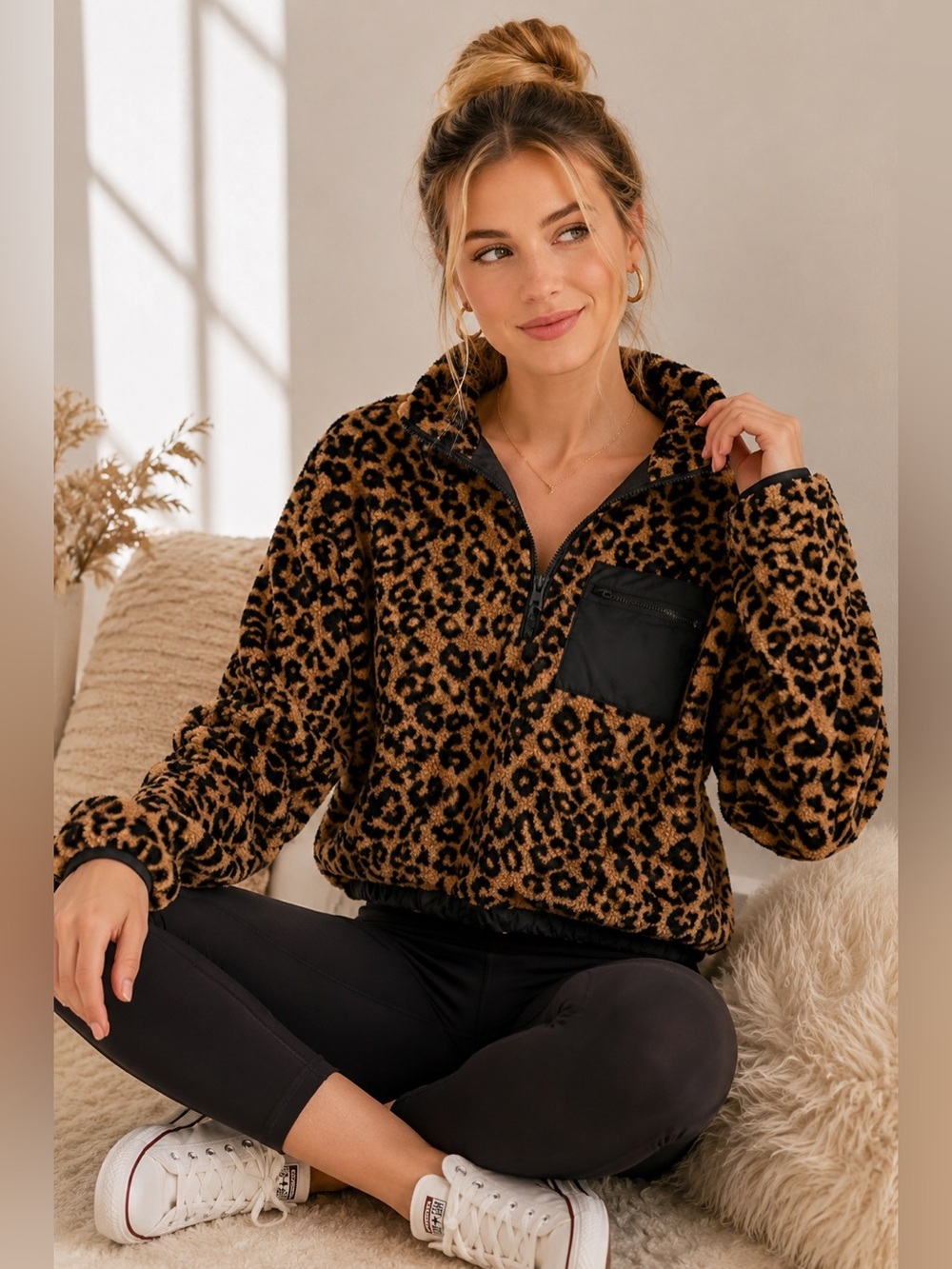 Full Tilt Faux Shearling Sherpa Cropped 1/4 Zip Leopard Pullover Popover NWT